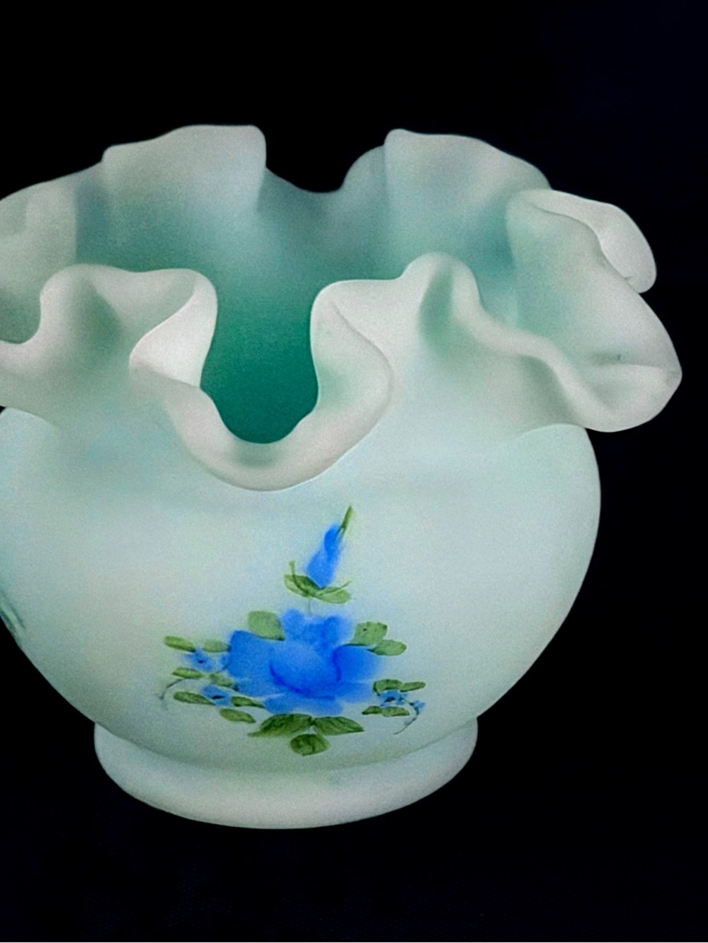 Fenton Blue Floral Ruffled Satin Rose Bowl Vase